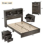 Juegos de dormitorio de 4 piezas, base de cama Queen con cabecera de almacenamiento, 2 mesitas de noche y 1 tocador
