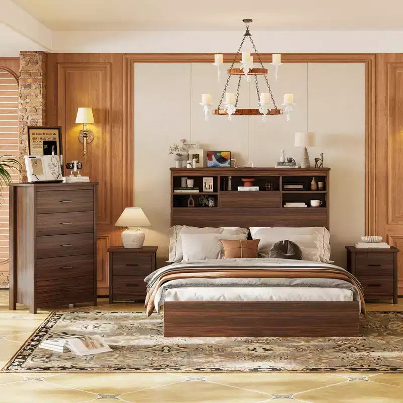 Juegos de dormitorio de 4 piezas, base de cama Queen con cabecera de almacenamiento, 2 mesitas de noche y 1 tocador