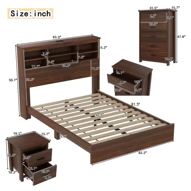 Juegos de dormitorio de 4 piezas, base de cama Queen con cabecera de almacenamiento, 2 mesitas de noche y 1 tocador
