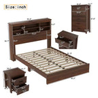 Juegos de dormitorio de 4 piezas, base de cama Queen con cabecera de almacenamiento, 2 mesitas de noche y 1 tocador