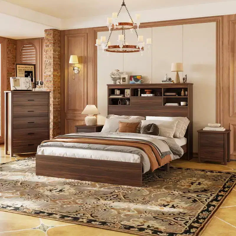 Juegos de dormitorio de 4 piezas, base de cama Queen con cabecera de almacenamiento, 2 mesitas de noche y 1 tocador