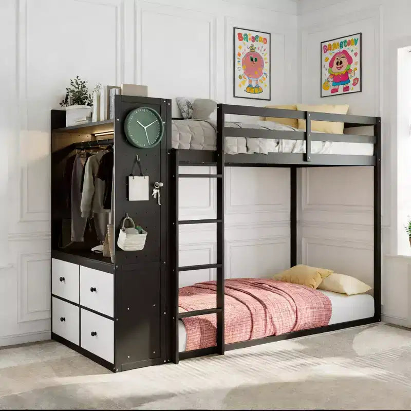 Luxystar Twin Over Twin Bunk Bed With Lighted Dresser, Hanging Rack And Storage Drawers