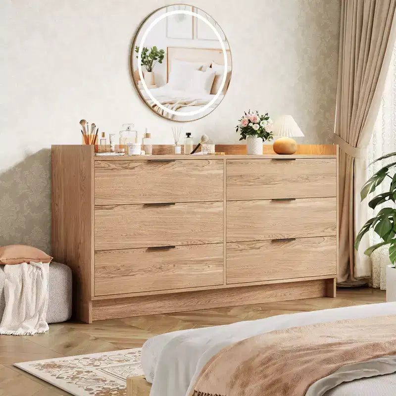 Cómoda de 6 cajones de 52.5 de ancho con tiradores de metal, mueble de almacenamiento de madera moderno para dormitorio