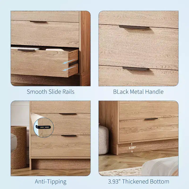 Cómoda de 6 cajones de 52.5 de ancho con tiradores de metal, mueble de almacenamiento de madera moderno para dormitorio