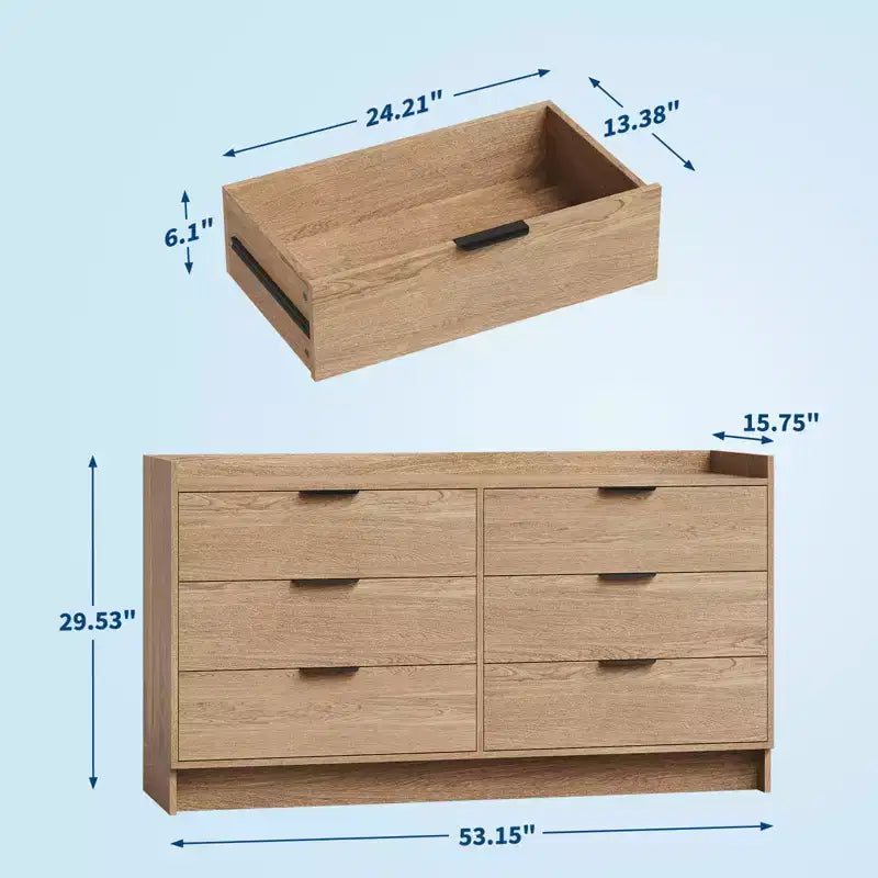 Cómoda de 6 cajones de 52.5 de ancho con tiradores de metal, mueble de almacenamiento de madera moderno para dormitorio