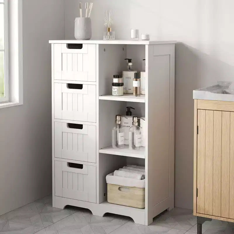 JIONJOY 4-Drawer Freestanding Storage Cabinet with Open Shelf  Wooden Floor Cupboard for Entryway, Bathroom, Bedroom & Living Room