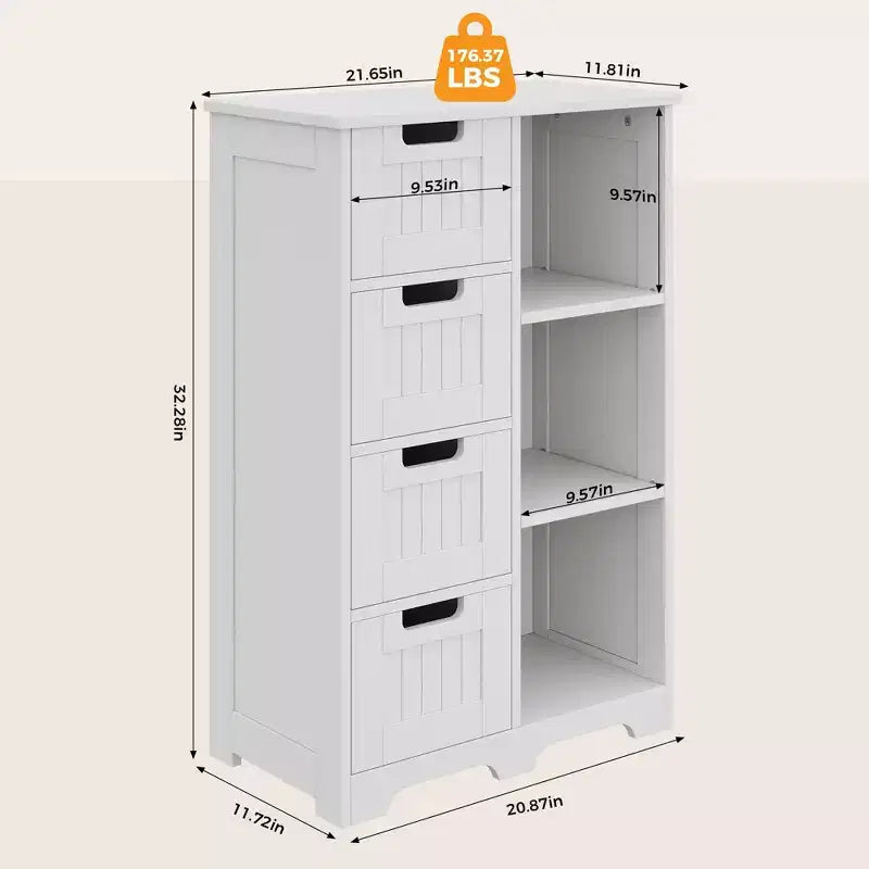 Armario de almacenamiento independiente de 4 cajones con estante abierto, mueble de suelo de madera para recibidor, baño, dormitorio y sala de estar