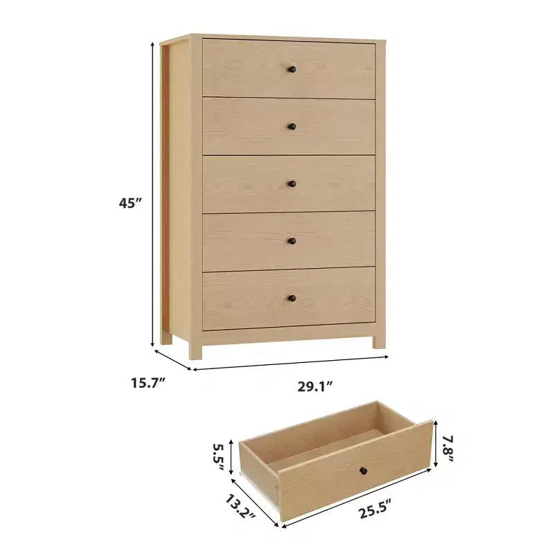 CuisinSmart cómoda de madera de 5 cajones alta, cómoda de 5 cajones para dormitorio sala de estar, Roble