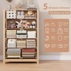 CuisinSmart cómoda de madera de 5 cajones alta, cómoda de 5 cajones para dormitorio sala de estar, Roble