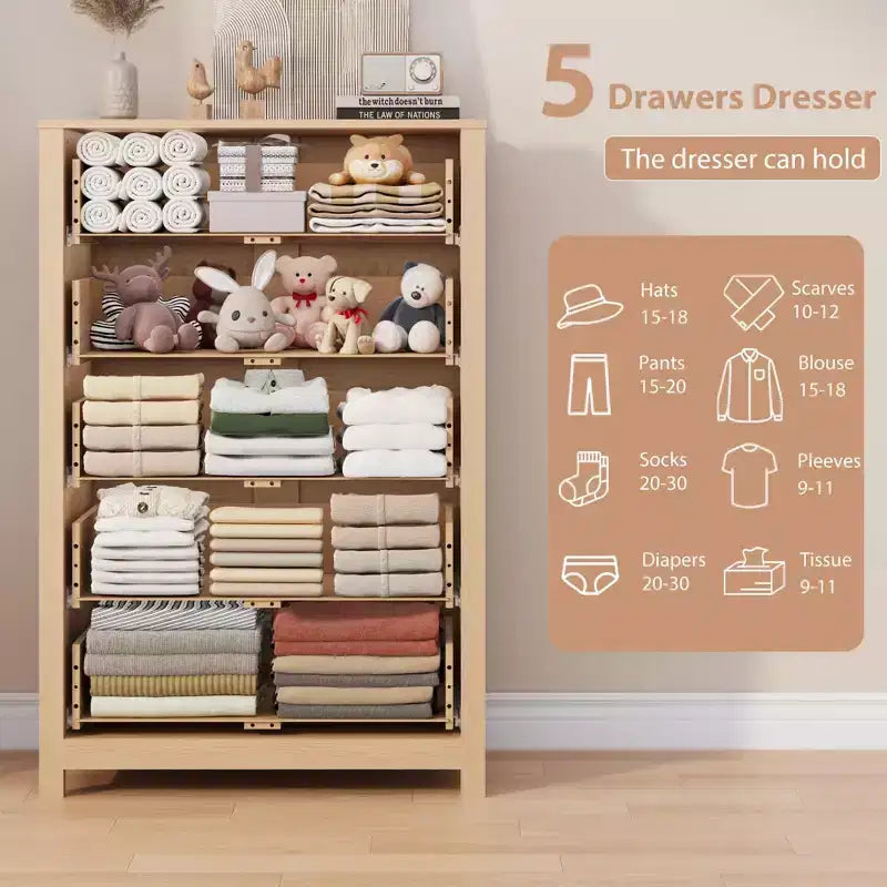 CuisinSmart cómoda de madera de 5 cajones alta, cómoda de 5 cajones para dormitorio sala de estar, Roble