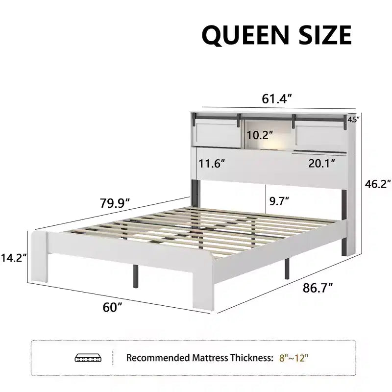 Base de cama de plataforma tamaño Queen/King con estación de carga, marco de cama de plataforma de madera con almacenamiento