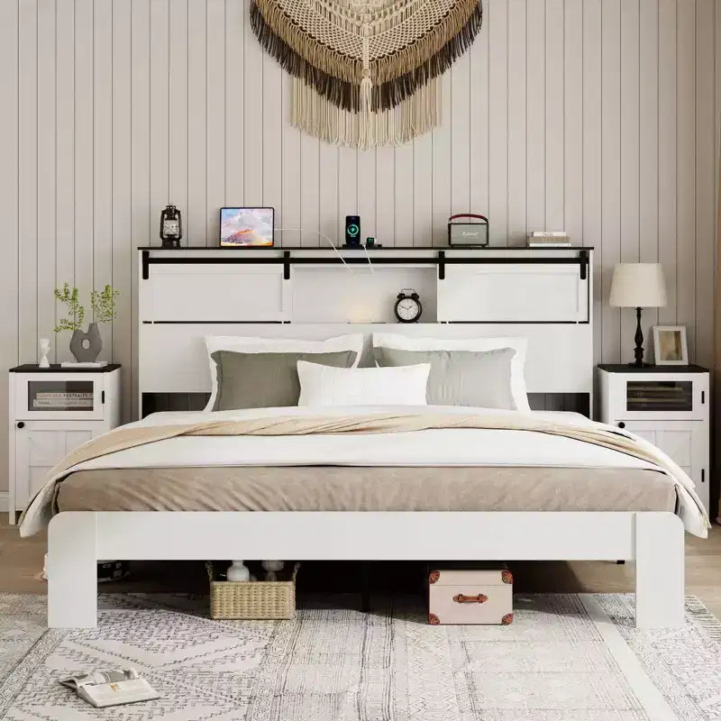Base de cama de plataforma tamaño Queen/King con estación de carga, marco de cama de plataforma de madera con almacenamiento