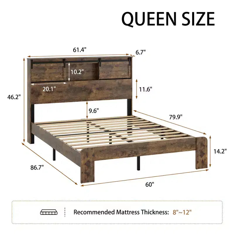Base de cama de plataforma tamaño Queen/King con estación de carga, marco de cama de plataforma de madera con almacenamiento