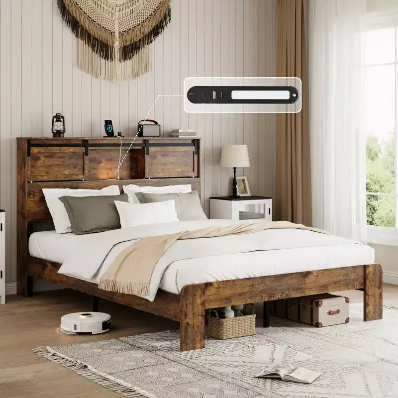 Base de cama de plataforma tamaño Queen/King con estación de carga, marco de cama de plataforma de madera con almacenamiento