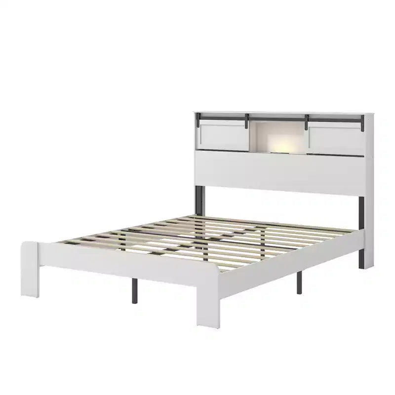 Base de cama de plataforma tamaño Queen/King con estación de carga, marco de cama de plataforma de madera con almacenamiento