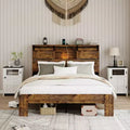 Queen/King Size Platform Bed with Charging Station, Wood Platform Bed Frame with Storage