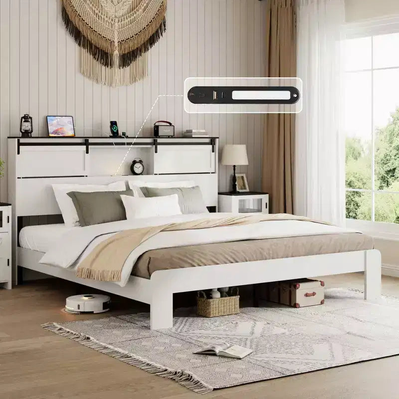 Base de cama de plataforma tamaño Queen/King con estación de carga, marco de cama de plataforma de madera con almacenamiento