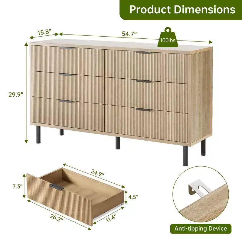 Cómoda moderna de madera acanalada - 6 cajones amplios - Diseño antivuelco y patas de metal - Tiradores elegantes - Perfecta para dormitorio, sala de estar