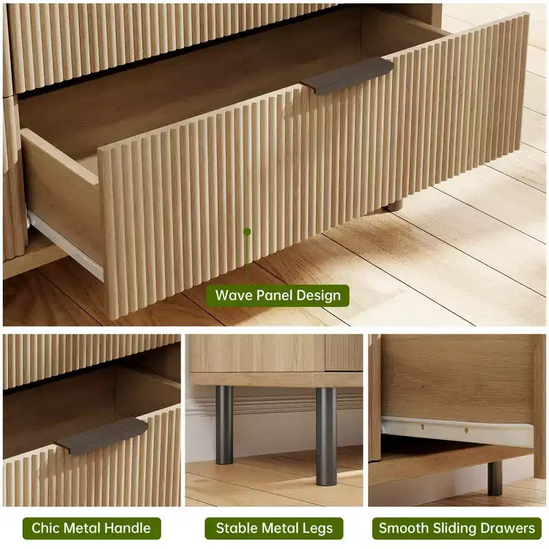 Cómoda moderna de madera acanalada - 6 cajones amplios - Diseño antivuelco y patas de metal - Tiradores elegantes - Perfecta para dormitorio, sala de estar