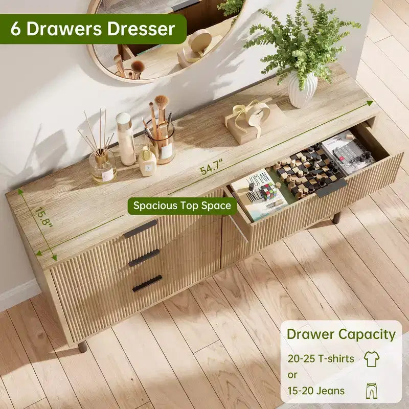 Cómoda moderna de madera acanalada - 6 cajones amplios - Diseño antivuelco y patas de metal - Tiradores elegantes - Perfecta para dormitorio, sala de estar
