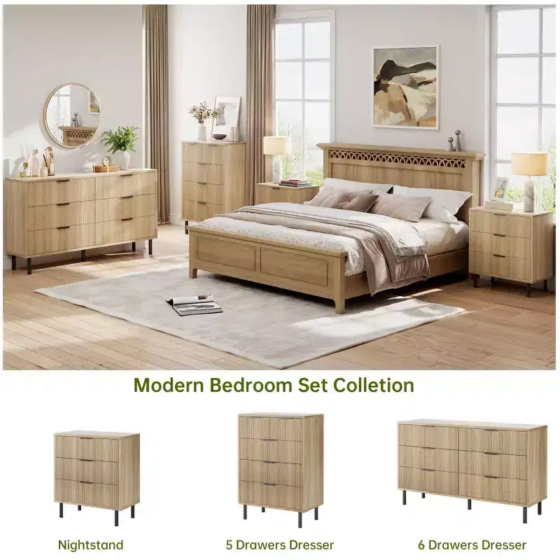 Cómoda moderna de madera acanalada - 6 cajones amplios - Diseño antivuelco y patas de metal - Tiradores elegantes - Perfecta para dormitorio, sala de estar