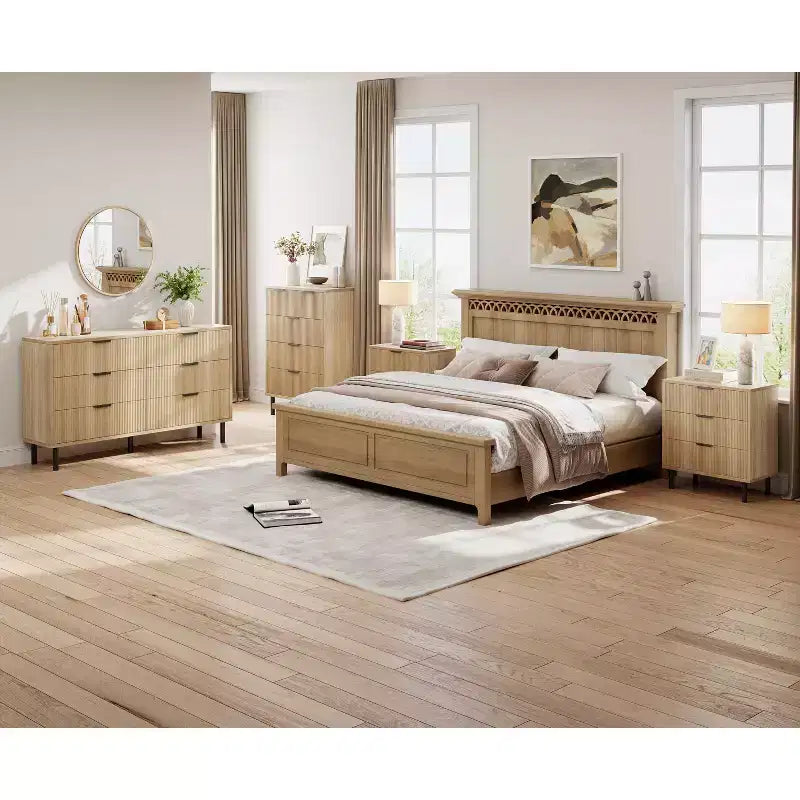 Cómoda moderna de madera acanalada - 6 cajones amplios - Diseño antivuelco y patas de metal - Tiradores elegantes - Perfecta para dormitorio, sala de estar