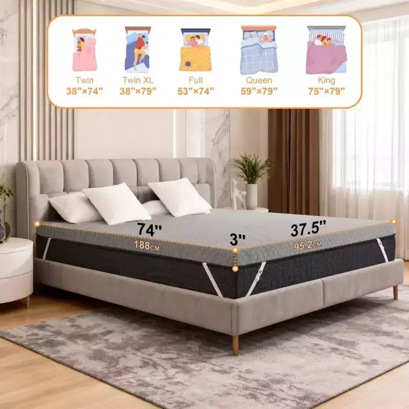 Colchón Twin Topper para Aliviar el Dolor de Espalda, Espuma Extrafirme de Alta Densidad de 3 Pulgadas con Agarre Antideslizante y Funda Extraíble Lavable