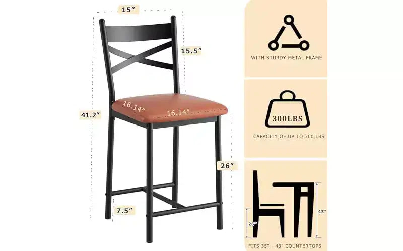 Juego de 2 Taburetes de Bar, Sillas de Bar de Metal a la Altura de la Encimera con Respaldo y Cojín Grueso, Asientos Tapizados para Isla de Cocina, Marrón Moderno