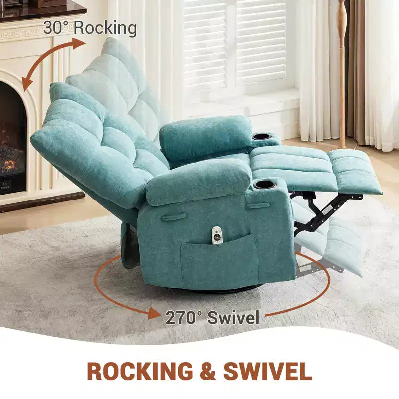 Sillón Reclinable Giratorio con Calefacción y Masaje - Sillón Reclinable 360 con Función Balancín, Portavasos y Bolsillo Lateral - Sofá Individual Ergonómico, Azul