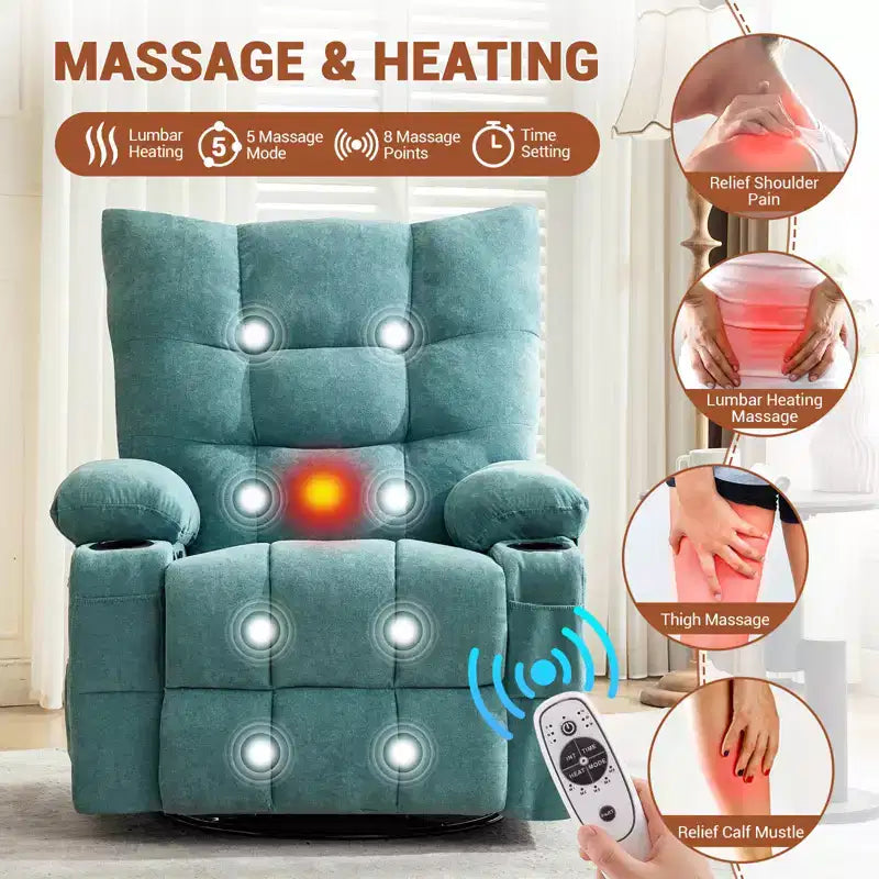 Sillón Reclinable Giratorio con Calefacción y Masaje - Sillón Reclinable 360 con Función Balancín, Portavasos y Bolsillo Lateral - Sofá Individual Ergonómico, Azul
