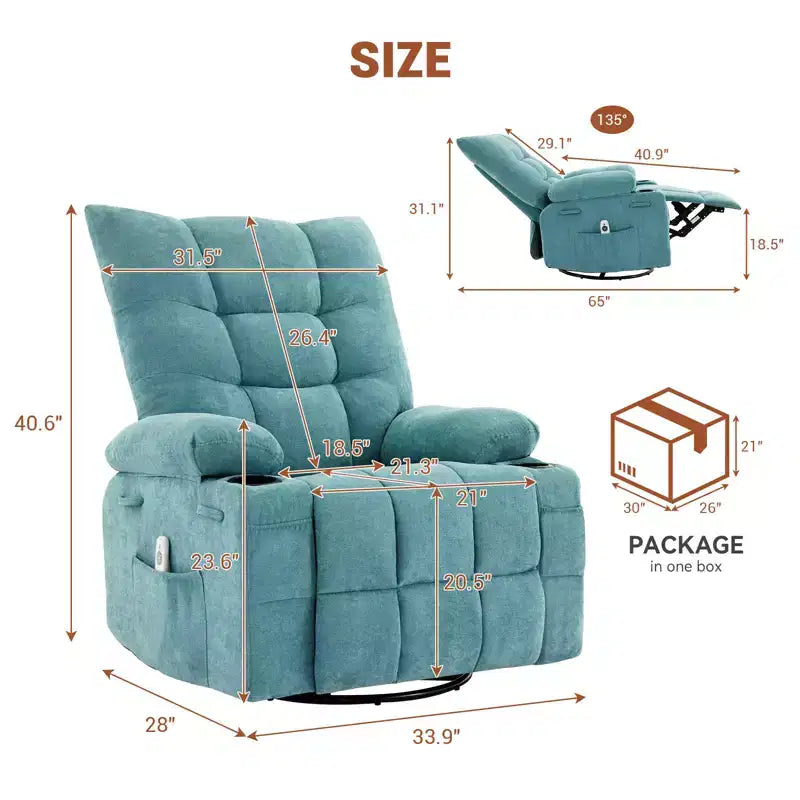 Sillón Reclinable Giratorio con Calefacción y Masaje - Sillón Reclinable 360 con Función Balancín, Portavasos y Bolsillo Lateral - Sofá Individual Ergonómico, Azul