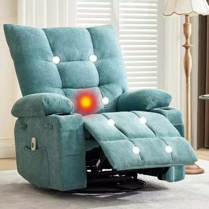 Sillón Reclinable Giratorio con Calefacción y Masaje - Sillón Reclinable 360 con Función Balancín, Portavasos y Bolsillo Lateral - Sofá Individual Ergonómico, Azul