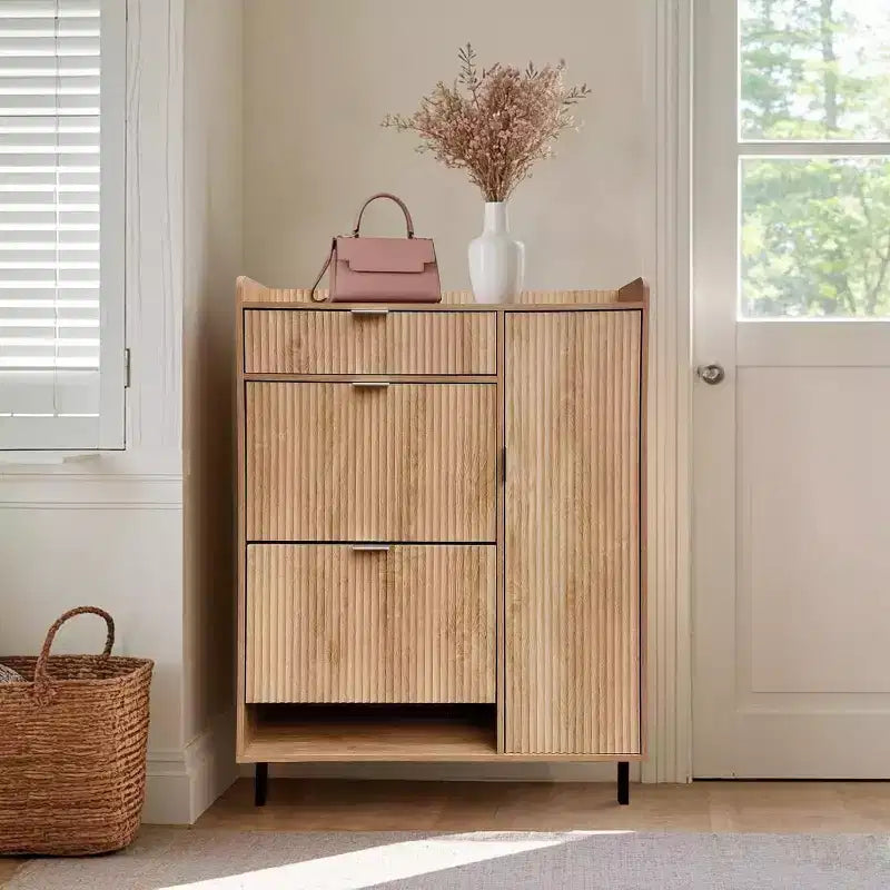 COZONY 47 Oak Narrow Shoe Storage Cabinet with Flip Drawers and Metal Legs, Entryway Shoe Organizer with Wave Pattern