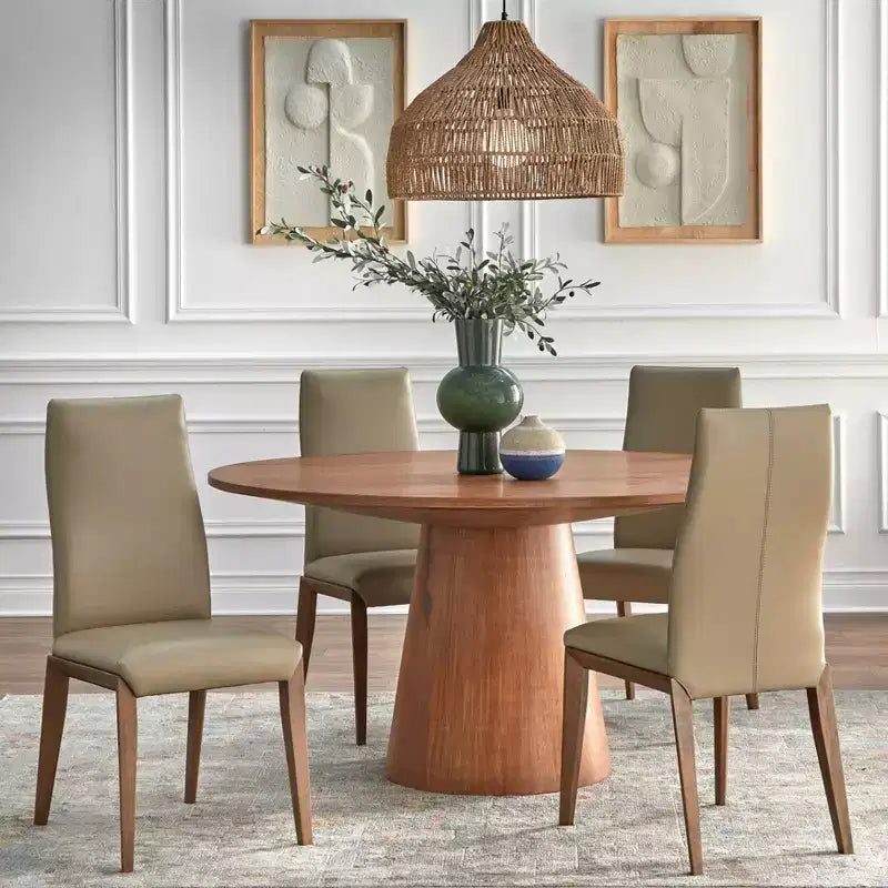Juego de comedor redondo moderno Nelda de 5 piezas de 59" Buylateral con mesa color Driftwood y sillas de comedor de cuero color Taupe
