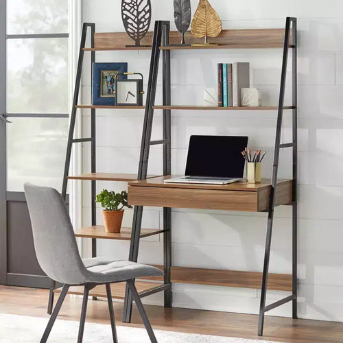 Buylateral 2pc Denton Ladder Desk and Shelf Walnut/Black: Leaning Shelf Desk with Open Storage, MDF & Metal Frame