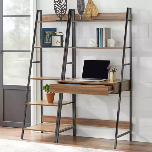 Escritorio y estantería Denton Ladder de 2 piezas Nogal/Negro: Escritorio de estantería inclinada con almacenamiento abierto, MDF y estructura metálica