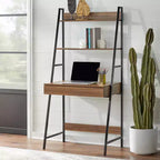 Escritorio y estantería Denton Ladder de 2 piezas Nogal/Negro: Escritorio de estantería inclinada con almacenamiento abierto, MDF y estructura metálica