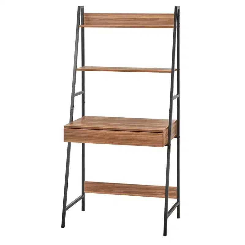 Escritorio y estantería Denton Ladder de 2 piezas Nogal/Negro: Escritorio de estantería inclinada con almacenamiento abierto, MDF y estructura metálica