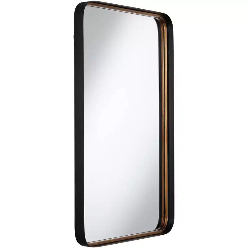 Espejo de pared decorativo rectangular Andi, moderno, con borde biselado, marco de hierro negro y dorado, 61 cm de ancho para baño, dormitorio, hogar, entrada