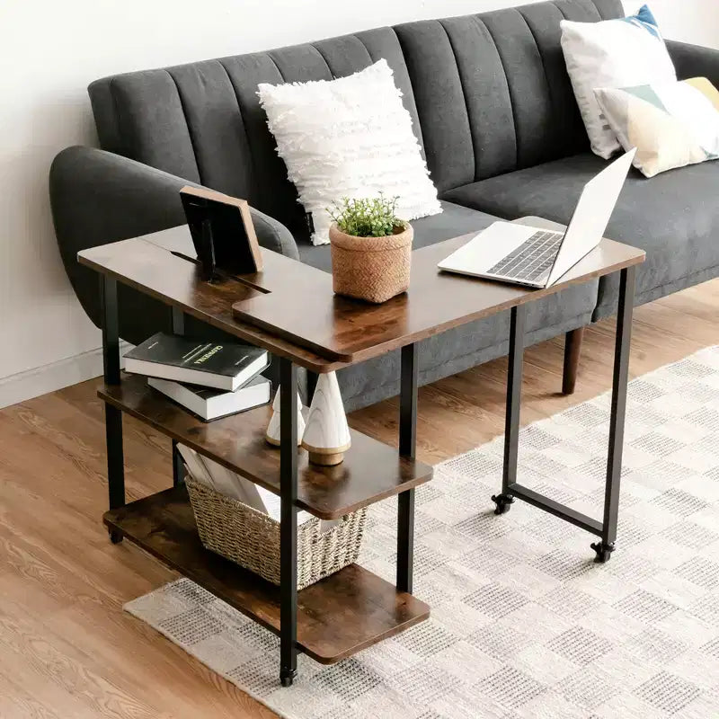 Costway Patented Sofa Side End Table 360 Rotating Bookcase w/Storage Shelves & Wheels Brown/Rustic Brown/Natural