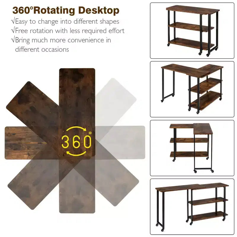 Costway Patented Sofa Side End Table 360 Rotating Bookcase w/Storage Shelves & Wheels Brown/Rustic Brown/Natural