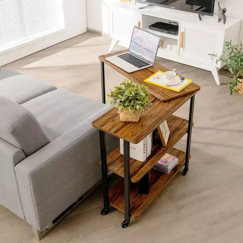 Costway Patented Sofa Side End Table 360 Rotating Bookcase w/Storage Shelves & Wheels Brown/Rustic Brown/Natural