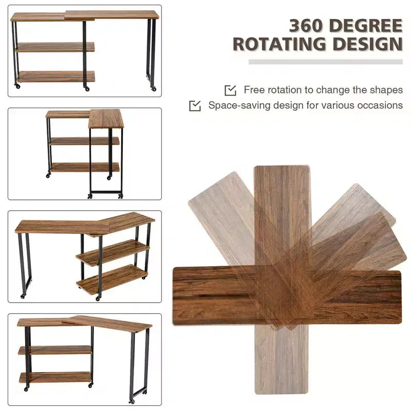 Costway Patented Sofa Side End Table 360 Rotating Bookcase w/Storage Shelves & Wheels Brown/Rustic Brown/Natural