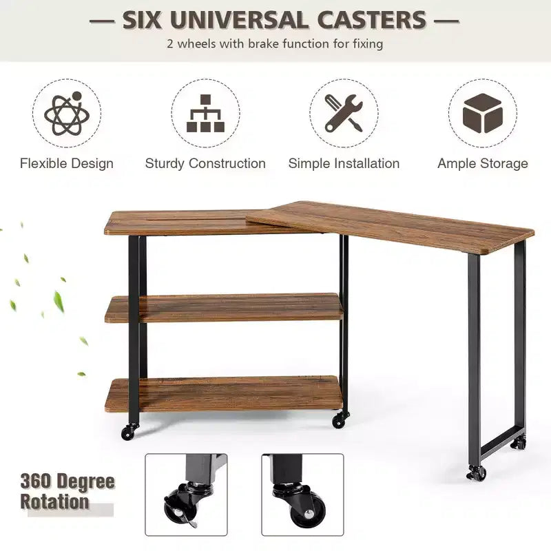Costway Patented Sofa Side End Table 360 Rotating Bookcase w/Storage Shelves & Wheels Brown/Rustic Brown/Natural