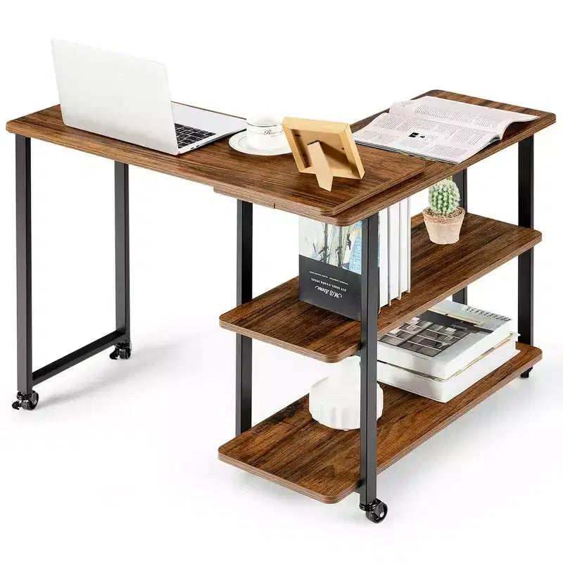 Costway Patented Sofa Side End Table 360 Rotating Bookcase w/Storage Shelves & Wheels Brown/Rustic Brown/Natural