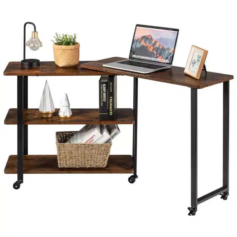 Costway Patented Sofa Side End Table 360 Rotating Bookcase w/Storage Shelves & Wheels Brown/Rustic Brown/Natural