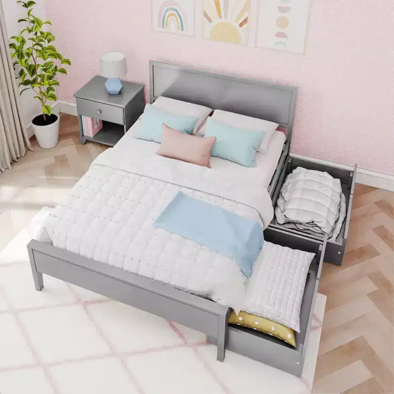 Estructura de cama matrimonial con cajones de almacenamiento, cama de plataforma de madera maciza para niños
